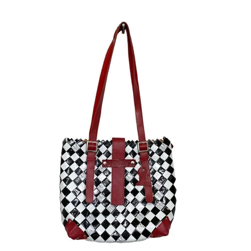 Nahui Olllin black white red checkboard woven tote shoulder bag